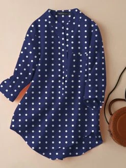 Dot Print Pocket Button Half Placket 3/4 Sleeve Blouse