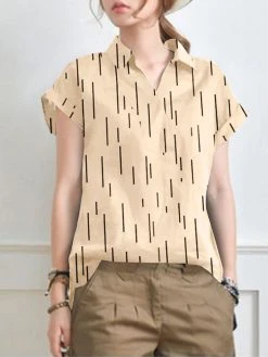 Stripe Print Short Sleeve Lapel Blouse For Women