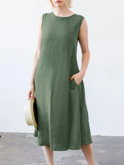Solid Sleeveless Pocket Crew Neck Dress With Belt -Zanzea Shop 0048c5b6 5982 44c9 92e6 7c787c1ef85e