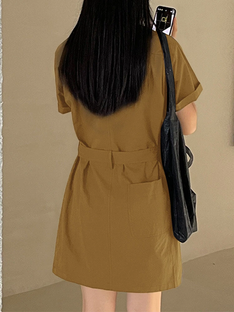Solid Button Front Pocket Cargo Shirt Dress With Belt 11 Solid Button Front Pocket Cargo Shirt Dress With Belt - Image 11