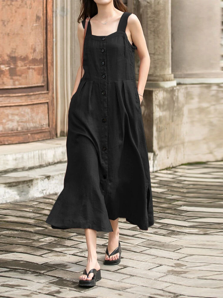 Women Solid Button Front Split Hem Straps Dress With Belt 4 Women Solid Button Front Split Hem Straps Dress With Belt - Image 4