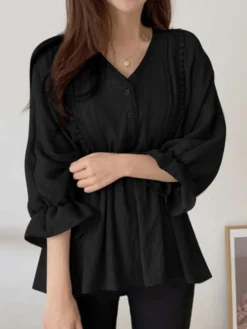 Lace Trim Puff Sleeve Ruffle V-neck Solid Blouse -Zanzea Shop 00c3d6df b548 48a3 8635 c4c5f883d71a