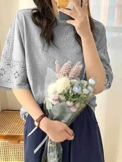 Lace Hollow Stitch Half Sleeve Crew Neck Loose Blouse -Zanzea Shop 00f7226e 9fe5 4e26 bde2 2396a43f6f09