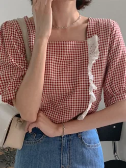 Check Print Lace Panel Short Sleeve Square Collar Blouse -Zanzea Shop 012290be 8bbb 406e 9a10 959d5bac2838
