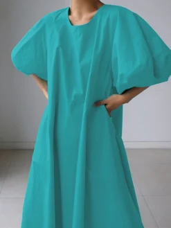 Lantern Sleeve Loose Pocket Solid Crew Neck Maxi Dress -Zanzea Shop 01242989 a2a8 454b bb1d b0cb6823b525
