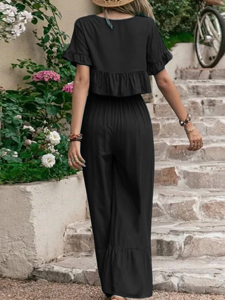 Embroidery Drawstring Waist Ruffle Wide Leg Two Pieces Suit 6 Embroidery Drawstring Waist Ruffle Wide Leg Two Pieces Suit - Image 6