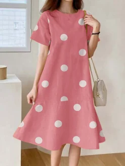 Dot Print Ruffle Hem Short Sleeve Crew Neck A-line Dress -Zanzea Shop 0176ec4e 116c 4049 b0d3 5b6468747649