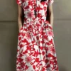 Flower Print Drawstring Pocket Short Sleeve Midi Dress