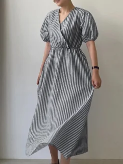 Puff Sleeve Wrap V-neck Stripe Print Midi Dress -Zanzea Shop 0184e7ff 367e 40e2 90ac 92bdbd4652f8