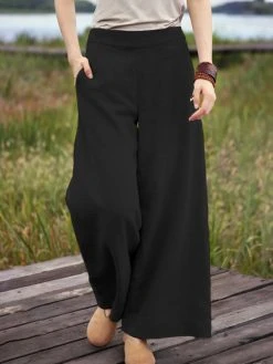 Women Solid Color Cotton Casual Wide Leg Pants -Zanzea Shop 01a31d06 41cc 4106 a96d 2eb63f50ad78