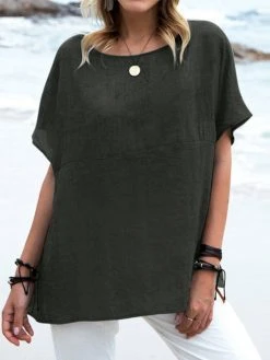 Women Solid Crew Neck Casual Short Sleeve T-shirt