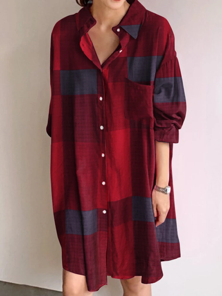 Plaid Color Block Pocket Front Long Shirt Dress 2 Plaid Color Block Pocket Front Long Shirt Dress - Image 2