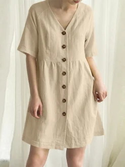 Cotton Solid Button Short Sleeve V-neck Casual Dress -Zanzea Shop 01fdae0a e654 45e0 8283 5019f8c17947