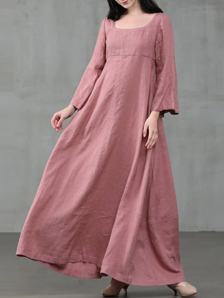 Solid Color A-Line Long Sleeve Maxi Cotton Loose Dress 5 Solid Color A-Line Long Sleeve Maxi Cotton Loose Dress - Image 5