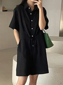 Solid Pocket Drawstring Waist Button Lapel Short Sleeve Romper -Zanzea Shop 02117de8 0eb4 4494 b063 cd7a9ca8fce4