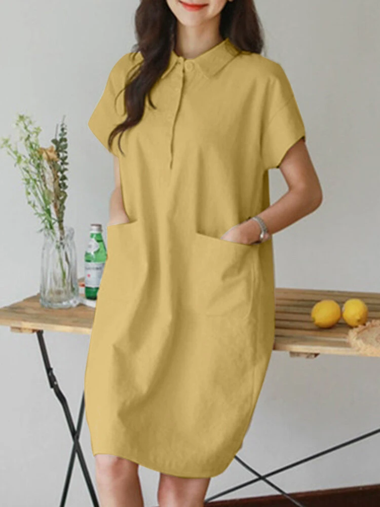Solid Button Short Sleeve Lapel Cotton Pocket Dress 1 Solid Button Short Sleeve Lapel Cotton Pocket Dress
