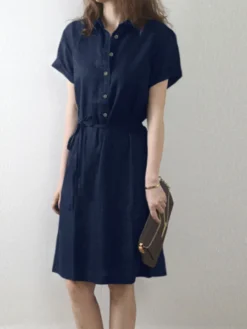 Solid Button Front Lapel Short Sleeve Dress With Belt -Zanzea Shop 021511d2 1058 46f5 a000 f46b0b9bce7a