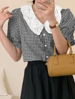 Check Contrast Collar Puff Sleeve Button Front Blouse 21 Check Contrast Collar Puff Sleeve Button Front Blouse -Zanzea Shop 022ec8fd 97a2 428e 875c 4f865bc94d84