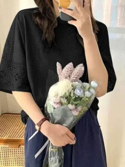 Lace Hollow Stitch Half Sleeve Crew Neck Loose Blouse -Zanzea Shop 028602d9 3478 43e8 b828 6be0ef5ce6b9