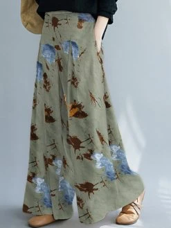 Plants Print Pocket Wide Leg Elastic Waist Loose Pants Women
