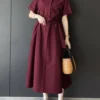 Solid Short Sleeve Crew Neck Dress With Belt For Women