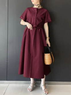 Solid Short Sleeve Crew Neck Dress With Belt For Women