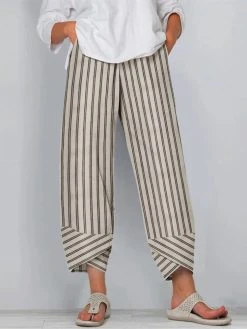 Women Striped Irregular Cuff Casual Cropped Pants