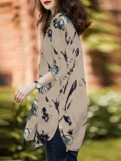 Plants Print Slit Curved Hem Long Sleeve Stand Collar Blouse -Zanzea Shop 03055d4d e194 417a 9121 c329997647a2