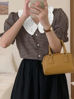 Check Contrast Collar Puff Sleeve Button Front Blouse 19 Check Contrast Collar Puff Sleeve Button Front Blouse -Zanzea Shop 0308afca e57e 48e8 bf70 306c7fbd78a5