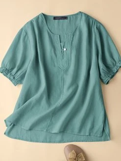 Solid Short Sleeve Casual Crew Neck Women Blouse