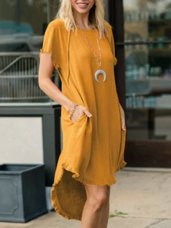 Women Solid Crew Neck Ruffle Trim Casual Short Sleeve Dress -Zanzea Shop 03413241 6f43 4e11 99be 7826f08b539e