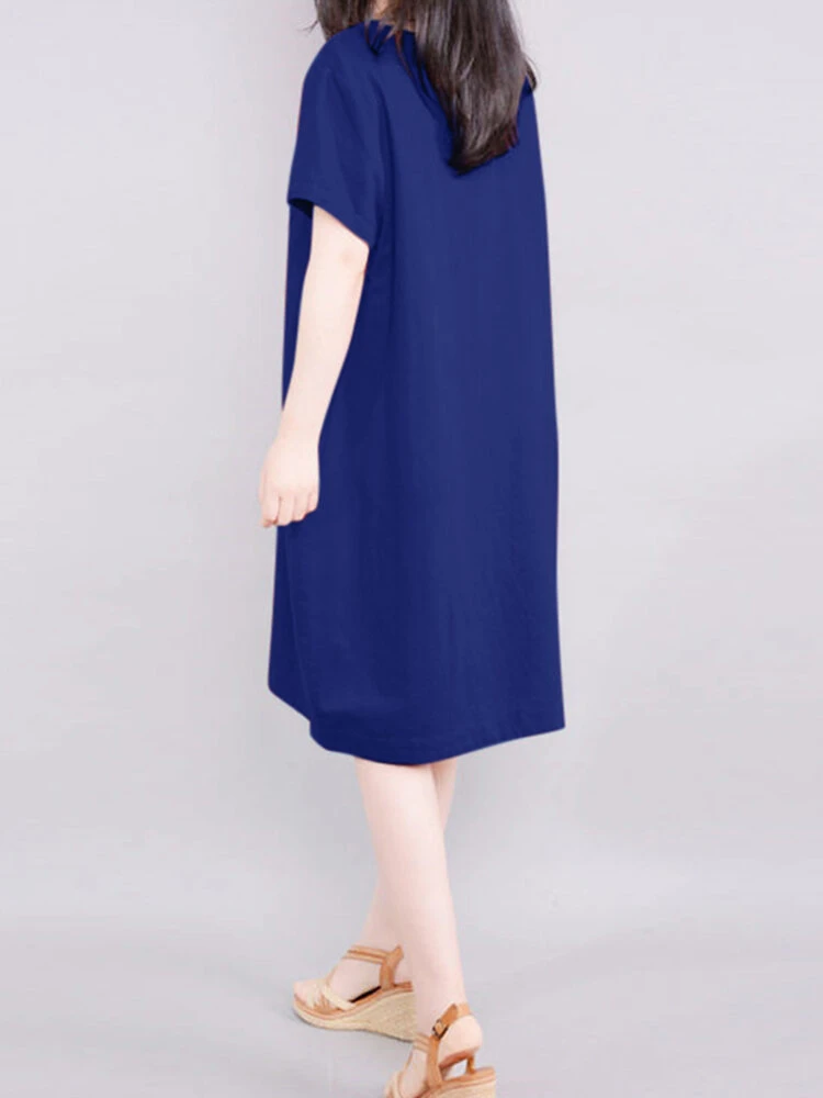 Solid Pocket Short Sleeve Crew Neck Vintage Dress 2 Solid Pocket Short Sleeve Crew Neck Vintage Dress - Image 2