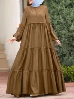 Muslim Solid Color Long Shirt Sundress Casual Pleated Maxi Dress -Zanzea Shop 0342bc66 c937 4fbf 9427 010c27af2bc5
