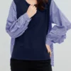 Stripe Patchwork High-low Long Sleeve Crew Neck Blouse