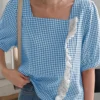 Check Print Lace Panel Short Sleeve Square Collar Blouse