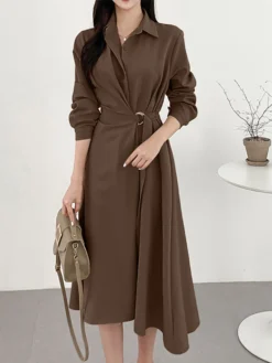 Solid Long Sleeve Belt Lapel Casual Dress -Zanzea Shop 03adb734 f0ac 4b0d 8eee 73e386217ed5