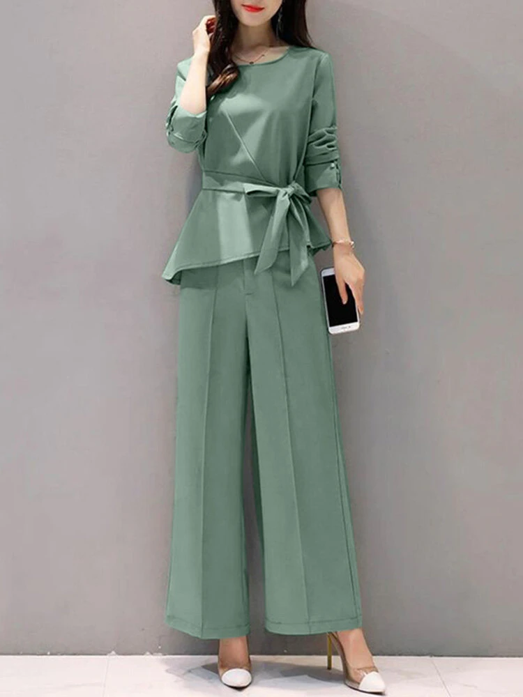 Solid Belt Asymmetrical Hem Long Sleeve Two Pieces Suit 2 Solid Belt Asymmetrical Hem Long Sleeve Two Pieces Suit - Image 2