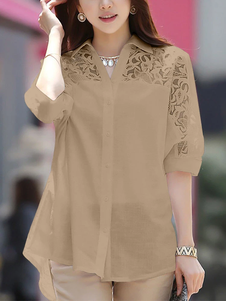 Lace Panel Solid Button Front Lapel Half Sleeve Shirt 5 Lace Panel Solid Button Front Lapel Half Sleeve Shirt - Image 5