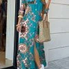 Tribal Pattern Long Sleeve Lapel Pocket Maxi Shirt Dress