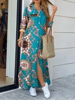Tribal Pattern Long Sleeve Lapel Pocket Maxi Shirt Dress