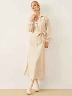 Solid Long Sleeve Button Lapel Shirt Dress With Belt