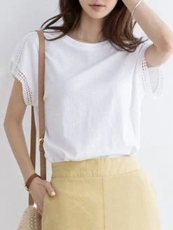 Solid Lace Trim Stitch Crew Neck Short Sleeve T-shirt -Zanzea Shop 04680897 660e 41b5 ab89 27ffe2a49a11