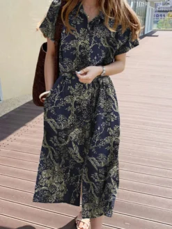 Cottagecore Plant Print Pocket Lapel Short Sleeve Shirt Dress