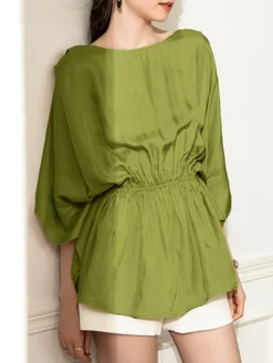 Elastic Waist Solid 3/4 Sleeve Crew Neck Loose Blouse -Zanzea Shop 04a573fe 924c 4bad 9600 f8f821f743cd