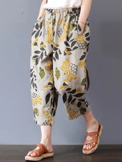 Vintage Floral Print Elastic Waist Plus Size Pants With Pockets