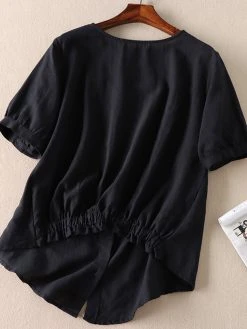 Cotton Button Elastic Round Neck Short Sleeve Blouse