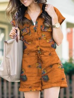 Flower Print Drawstring Waist Pocket Button Front Romper -Zanzea Shop 04f39050 523d 45a5 87d7 3e01300309a9
