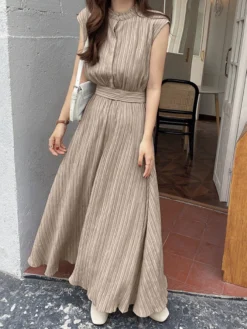 Textured Stand Collar Sleeveless Maxi Dress With Belt -Zanzea Shop 0507c8ca 9851 4082 861b b44ad8104ed3