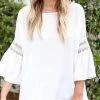 Solid Lace Panel Ruffle Sleeve Crew Neck Blouse