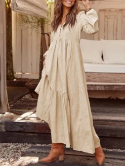 Casual Solid Color Button V-neck Plus Size Dress With Pockets -Zanzea Shop 053370ea da83 493d b813 c63edb119685